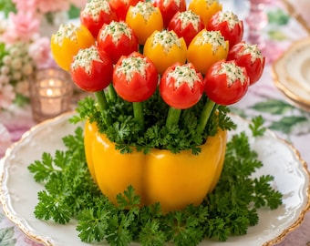 Ricetta per stuzzichini di compleanno in PDF / Bouquet di tulipani ripieni di pomodori colorati / Antipasti per feste / Download immediato