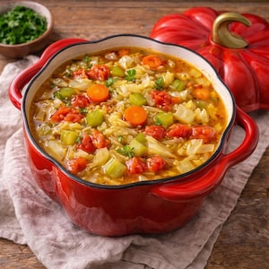 Puede incluir: Una olla holandesa roja en forma de calabaza llena de sopa de verduras. La sopa contiene zanahorias, tomates, apio y hierbas. Un pequeño cuenco de perejil picado está a la izquierda. La olla está sobre un paño claro.