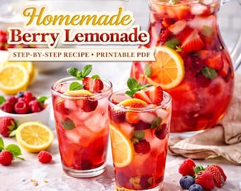 Selbstgemachte Beerenlimonade Rezept PDF – Einfacher Sommerdrink – Erdbeer-Himbeer-Limonade – Erfrischender Getränkeführer – Sofortdownload