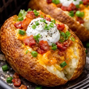 May include: Close-up of a baked potato loaded with toppings. The potato is filled with melted cheddar cheese, crispy bacon bits, sour cream, and chopped green onions. The potato skin is golden brown and crispy.