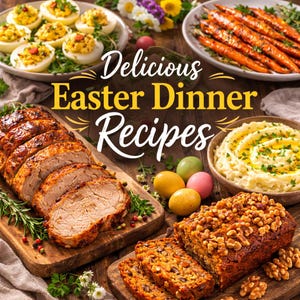Può includere: Un tavolo di legno mostra una varietà di piatti per la cena di Pasqua. Arrosto di maiale a fette, uova alla diavola, carote glassate, purè di patate e torta di carote sono disposti con uova di Pasqua decorative. Il testo recita "Delicious Easter Dinner Recipes."