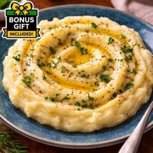 May include: A blue plate containing a swirl of creamy mashed potatoes topped with melted yellow butter, black pepper, and green parsley flakes. A graphic in the upper left corner features a yellow bow and the text BONUS GIFT INCLUDED.