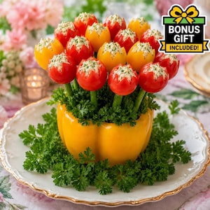 Stuffed Tomato Tulip Bouquet Appetizer Recipe | Creamy Herb Cheese Finger Food (PDF Download)