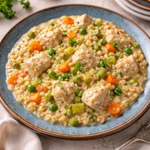 Recept på krämig kyckling och korn i PDF-format | Komfortmat i en gryta | Hälsosam kycklingmiddag | Enkel vardagsmåltid | Utskrivbart recept