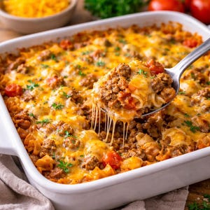 May include: A baked pasta dish in a white rectangular casserole dish. The dish is topped with melted cheese, ground meat, and tomatoes. A spoonful of the pasta is being lifted, showing the melted cheese stretching.