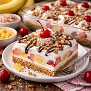Puede incluir: Una porción de postre en capas sobre un plato blanco, con base de galleta, rodajas de plátano, fresas y crema batida. Decorado con salsa de chocolate, chispas, nueces y una cereza. Un postre más grande en el fondo.