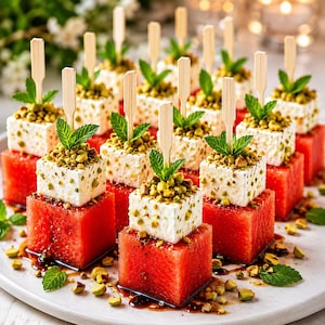 Puede incluir: Una colección de brochetas de aperitivo con cubos de sandía roja brillante cubiertos con queso feta blanco, pistachos verdes triturados y hojas de menta fresca. Cada pila cuadrada se mantiene unida por un palillo de madera de color claro.