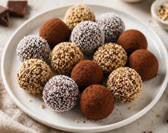 Ricetta facile per tartufi al cioccolato in formato PDF, download immediato, ricetta per tartufi fatti in casa, ricetta per cioccolatini con 3 tipi di copertura, guida stampabile per dessert.