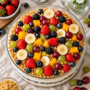 May include: A round glass bowl filled with a layered dessert topped with fresh strawberries, blueberries, blackberries, green grapes, red grapes, mango cubes, and banana slices, all resting on a bed of golden brown biscuit crumbs.