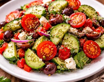 Receta de ensalada mediterránea de pepino y tomate / Ensalada fresca y saludable / Ensalada fácil de verano / Receta imprimible en PDF / Descarga digital