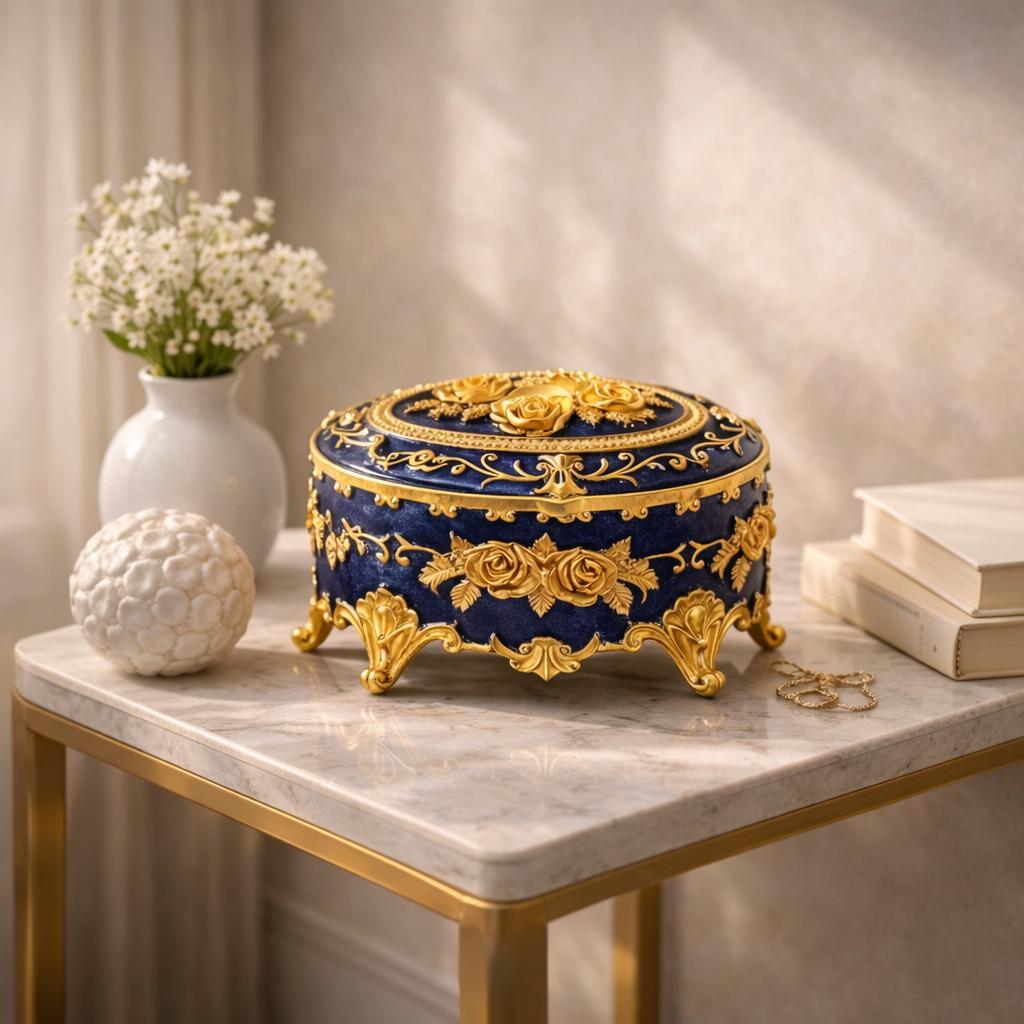 Luxury Oval Jewelry Box, Navy Blue & Gold, Elegant Ring Box, Dresser ...
