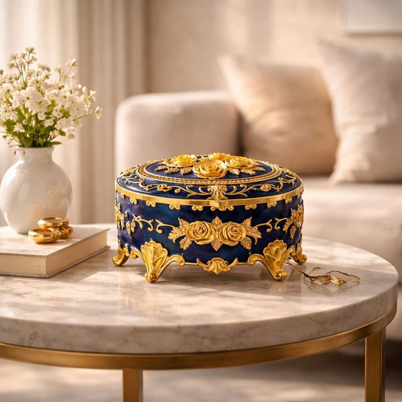 Luxury Oval Jewelry Box, Navy Blue & Gold, Elegant Ring Box, Dresser ...