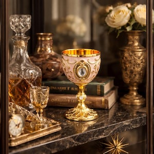 May include: An ornate, gold-colored goblet with a pink interior and intricate detailing. The goblet features a clear jewel at the center and sits on a decorative base. Other items include a decanter, small glass, and a tray with a clock.