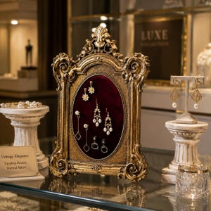 Peut inclure: Un cadre doré orné présente diverses boucles d'oreilles sur un fond de velours bordeaux. Les boucles d'oreilles comprennent des gouttes de perles, des clous de marguerite et des motifs géométriques. Un présentoir contient d'autres boucles d'oreilles. Le panneau indique "Vintage Elegance, Timeless Beauty, Eternal Allure."