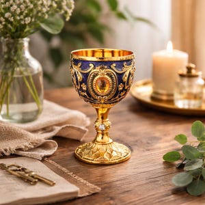 Könnte beinhalten: Verziertes goldfarbenes Kelchglas mit blau-gold gemustertem Rand und einem zentralen bernsteinfarbenen Schmuckstein. Das Kelchglas hat einen detaillierten floralen Fuß und Stiel, auf Holz.