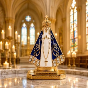 Könnte beinhalten: Eine goldfarbene Statue der Muttergottes von Aparecida mit einer weißen zentralen Figur, die in einen tiefblauen Umhang mit goldenen Filigranmustern und klaren Strasssteinen gehüllt ist. Die Figur trägt eine goldene Krone und einen Rosenkranz. Der Sockel trägt die Inschrift N. SRA. APARECIDA.