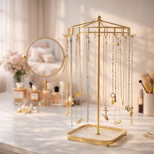 May include: A gold-colored jewelry display stand with multiple necklaces hanging from it. The stand has a square base with a white and gold pattern. A round mirror and perfume bottles are in the background.