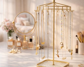 Organiseur de bijoux avec support rotatif pour collier, présentoir pour porte-bijoux, support pour bracelet et chaîne pour coiffeuse, cadeau déco pour coiffeuse
