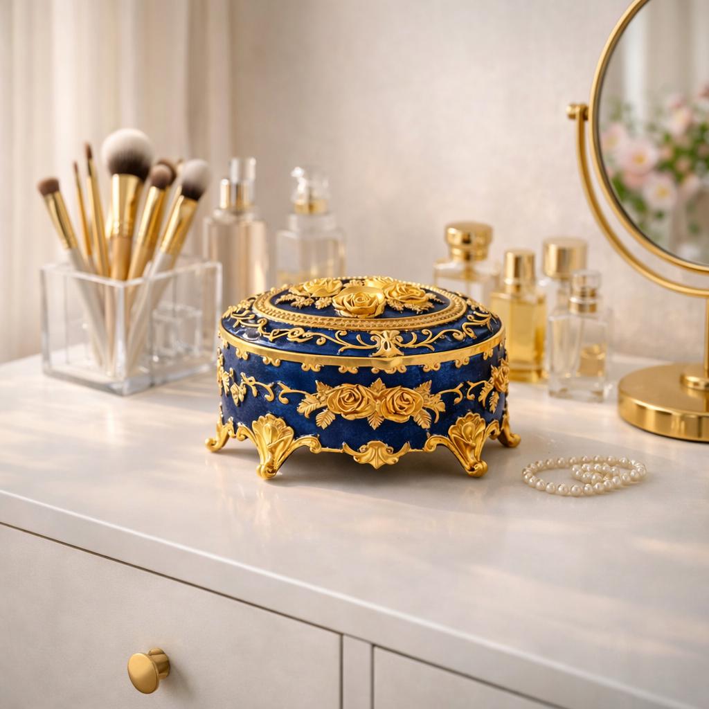 Luxury Oval Jewelry Box, Navy Blue & Gold, Elegant Ring Box, Dresser ...