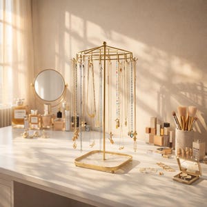 Rotating Necklace Stand Jewelry Organizer, Jewelry Holder Display Rack, Bracelet & Chain Stand for Vanity, Dressing Table Decor Gift