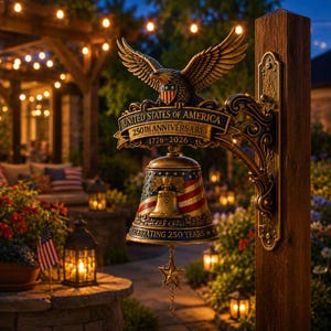 以下が含まれることがあります： UNITED STATES OF AMERICA 250TH ANNIVERSARY 1776-2026と刻まれたバナーの上に翼を広げた鷲が配置された、ブロンズ調の壁掛けベル。ベルにはアメリカ国旗のモチーフとCELEBRATING 250 YEARSの文字、星型のチャームがあしらわれています。