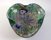AVeM Murano Emerald Green Latticino Ribbons Tutti Fruiti Art Glass Bowl Ashtray