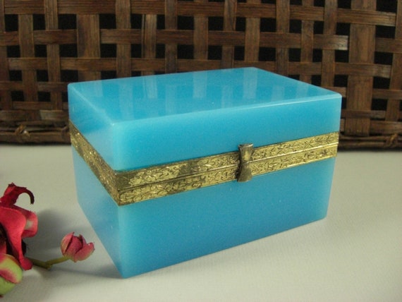 French Blue Opaline Glass Jewelry Box Casket Dose