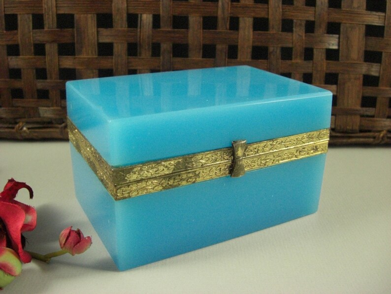 French Blue Opaline Glass Jewelry Box Casket Dose / Ormolu Etsy