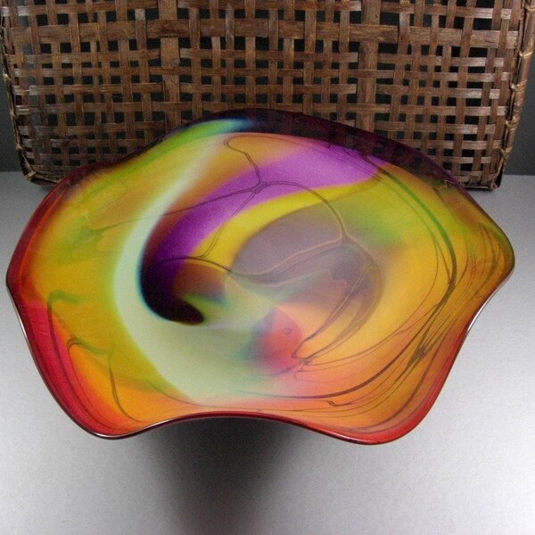 Enormous Signed Centerpiece Art Glass Platter Style Bowl  / Free Form Swirled / Footed