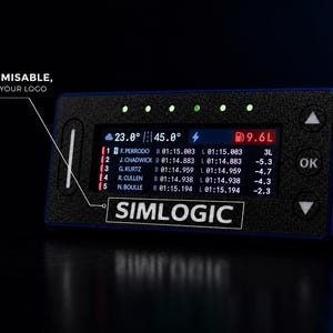 May include: A rectangular black digital racing dashboard display with a textured frame, featuring a screen showing race statistics, five green LED indicator lights at the top, and navigation buttons. Text reads: FULLY CUSTOMISABLE, CHOOSE YOUR LOGO, SIMLOGIC.