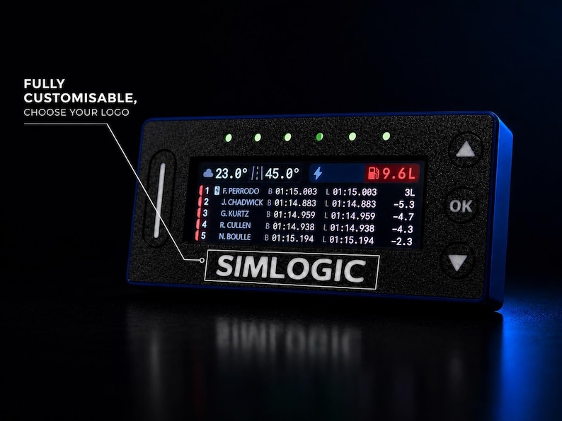 May include: A rectangular black digital racing dashboard display with a textured frame, featuring a screen showing race statistics, five green LED indicator lights at the top, and navigation buttons. Text reads: FULLY CUSTOMISABLE, CHOOSE YOUR LOGO, SIMLOGIC.