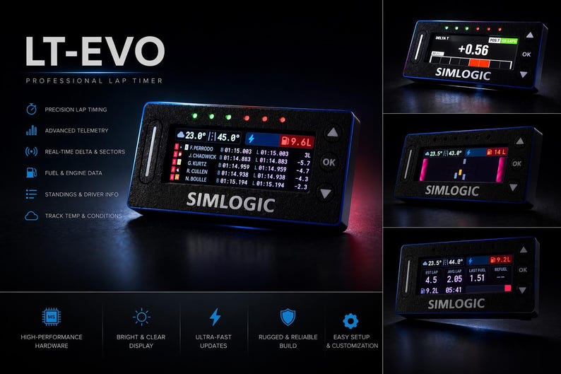 May include: The LT-EVO professional lap timer by SIMLOGIC is a rectangular black digital display device featuring a screen with telemetry data, lap times, fuel levels, and track conditions. It includes navigation buttons and LED indicators.