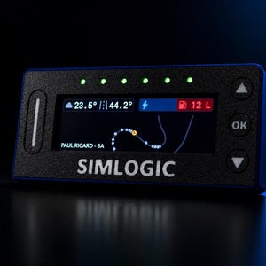 May include: A black rectangular Simlogic racing dashboard display with a textured finish. The screen shows telemetry data including temperatures, a fuel level of 12 L, and a track map labeled Paul Ricard - 3A. Five green LED lights are at the top.