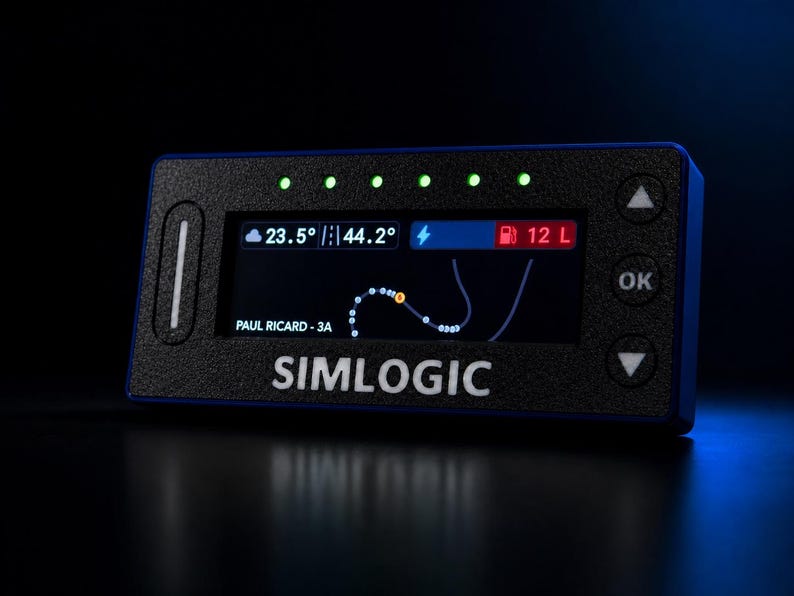 May include: A black rectangular Simlogic racing dashboard display with a textured finish. The screen shows telemetry data including temperatures, a fuel level of 12 L, and a track map labeled Paul Ricard - 3A. Five green LED lights are at the top.