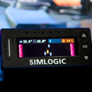 May include: A rectangular black Simlogic digital display unit featuring a textured casing and a central screen showing telemetry data including temperature, track conditions, and fuel levels at 14 L, with navigation buttons on the right side.