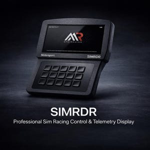 May include: A black SIMRDR Professional Sim Racing Control & Telemetry Display. The device features a screen displaying a logo and text, with a keypad below. The text "SIMRDR" and "Professional Sim Racing Control & Telemetry Display" are also visible.