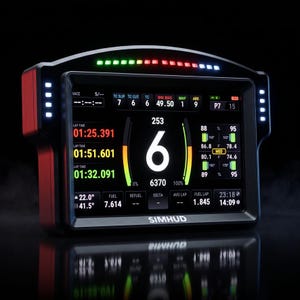 May include: A black digital racing dashboard display labeled SIMHUD with a vibrant screen showing telemetry data including lap times, gear number 6, engine RPM, fuel levels, and tire temperatures, topped with a horizontal LED shift light strip.