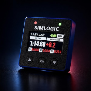 Pantalla de cronómetro de vueltas profesional para simulación de carreras SIMLOGIC LT-EVO mini - Compatible con SimHub, inspirada en el automovilismo.