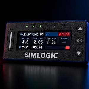 May include: A black rectangular Simlogic digital dashboard display with a textured finish. The screen shows racing telemetry data including lap times, fuel levels, and weather icons. It features physical navigation buttons and indicator lights.