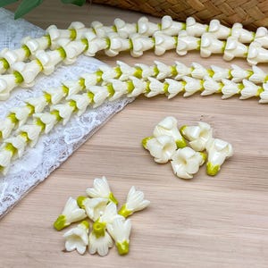 Op de afbeelding: Een verzameling kleine, gebroken witte bloemvormige kralen met lichtgroene accenten aan de basis. De kralen zijn gerangschikt in twee lange, doorlopende strengen en twee afzonderlijke clusters, met een gladde, glanzende afwerking en bloemblaadjes.