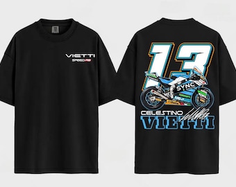 May include: A black short-sleeve t-shirt featuring the text VIETTI SPEED RS on the front. The back displays a large number 13, a blue and white racing motorcycle graphic, the text CELESTINO VIETTI, and a signature in white, blue, and black.