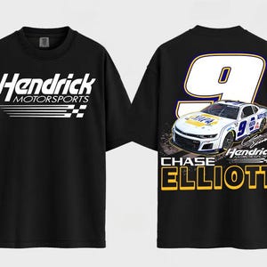 May include: Black t-shirt featuring the text "Hendrick Motorsports" in white on the front. The back of the shirt displays a race car with the number 9 and the name "Chase Elliott".