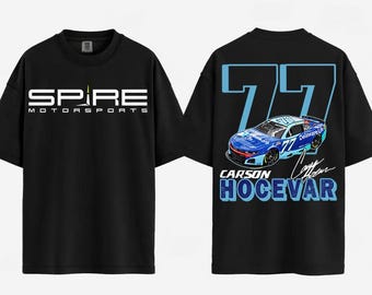 May include: A black short-sleeve t-shirt featuring the white text SPIRE MOTORSPORTS on the front. The back displays a blue and white race car with the number 77, the name CARSON HOCEVAR in blue block letters, and a signature graphic.