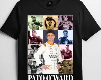 May include: A black short-sleeve t-shirt featuring a collage of photographs of race car driver Pato O'Ward in various racing suits and settings. The text PATO O'WARD THE ERAS TOUR is printed in white capital letters at the bottom of the graphic.