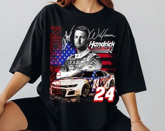 May include: Black t-shirt featuring a graphic of William Byron, a race car, and the American flag. The design includes the text "William Hendrick Motorsports" and the number "24" in red and white.