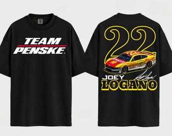 May include: Black t-shirt featuring the words "TEAM PENSKE" in white with a red stripe. The back of the shirt displays a yellow and red race car with the number "22" and the name "JOEY LOGANO" in yellow.