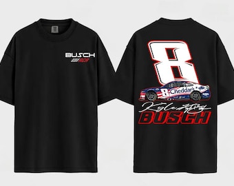 May include: Black t-shirt featuring the Busch and RCR logos on the front. The back of the shirt displays a large number 8 with a race car graphic, the Cheddar's logo, and the name Kyle Busch.