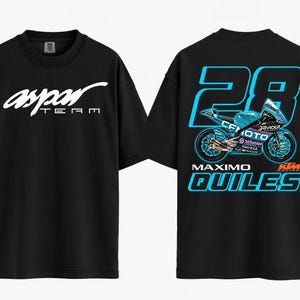 May include: A black short-sleeve t-shirt featuring the white text Aspar Team on the front. The back displays a large blue number 28, a graphic of a CFMOTO racing motorcycle, the name Maximo Quiles, and the KTM Racing logo in orange and white.