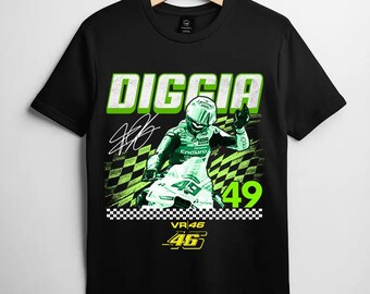 May include: A black short-sleeve t-shirt featuring a graphic of a motorcycle racer in a helmet. The design includes the text DIGGIA, the number 49, a checkered flag pattern, a signature, and the yellow text VR46 with the number 46 at the bottom.