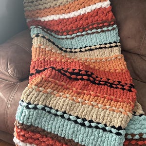 Desert Sunset Chunky Knit Chenille Blanket – Oversized Rust, Teal, Sand, Black Throw – Cozy Couch Accent
